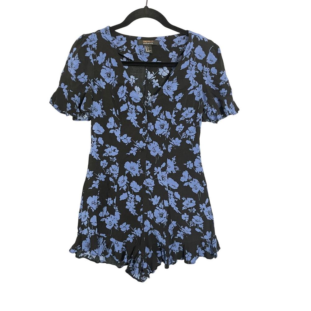 Y2K Dark Floral Whimsigoth Ruffle Hem Short Sleeve Button‎ Up Romper Size Small
